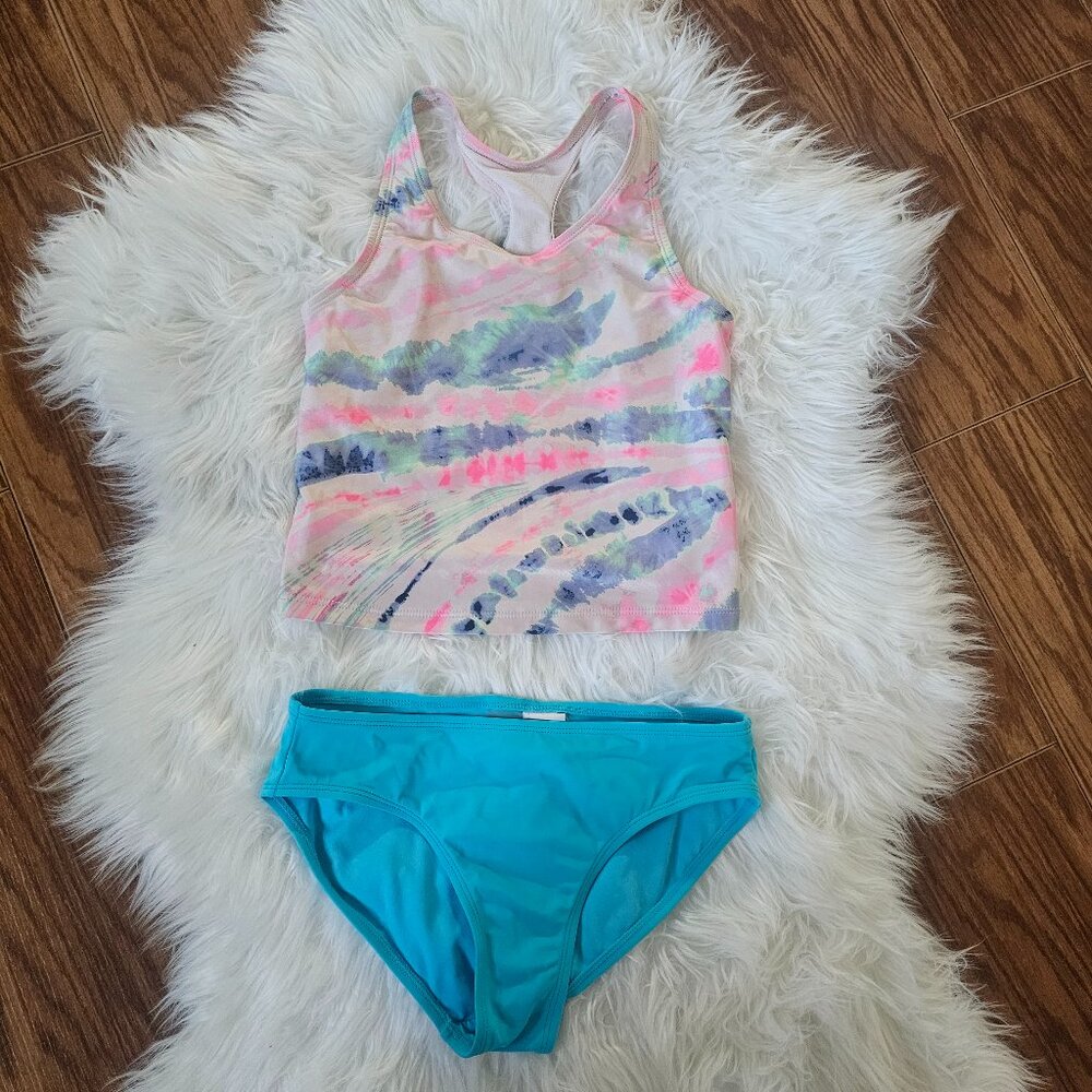 Kids Tankini Set | Gap Tie-Dye Top (M) + Old Navy Solid Blue Bottom (L) | Swim - Picture 1 of 4